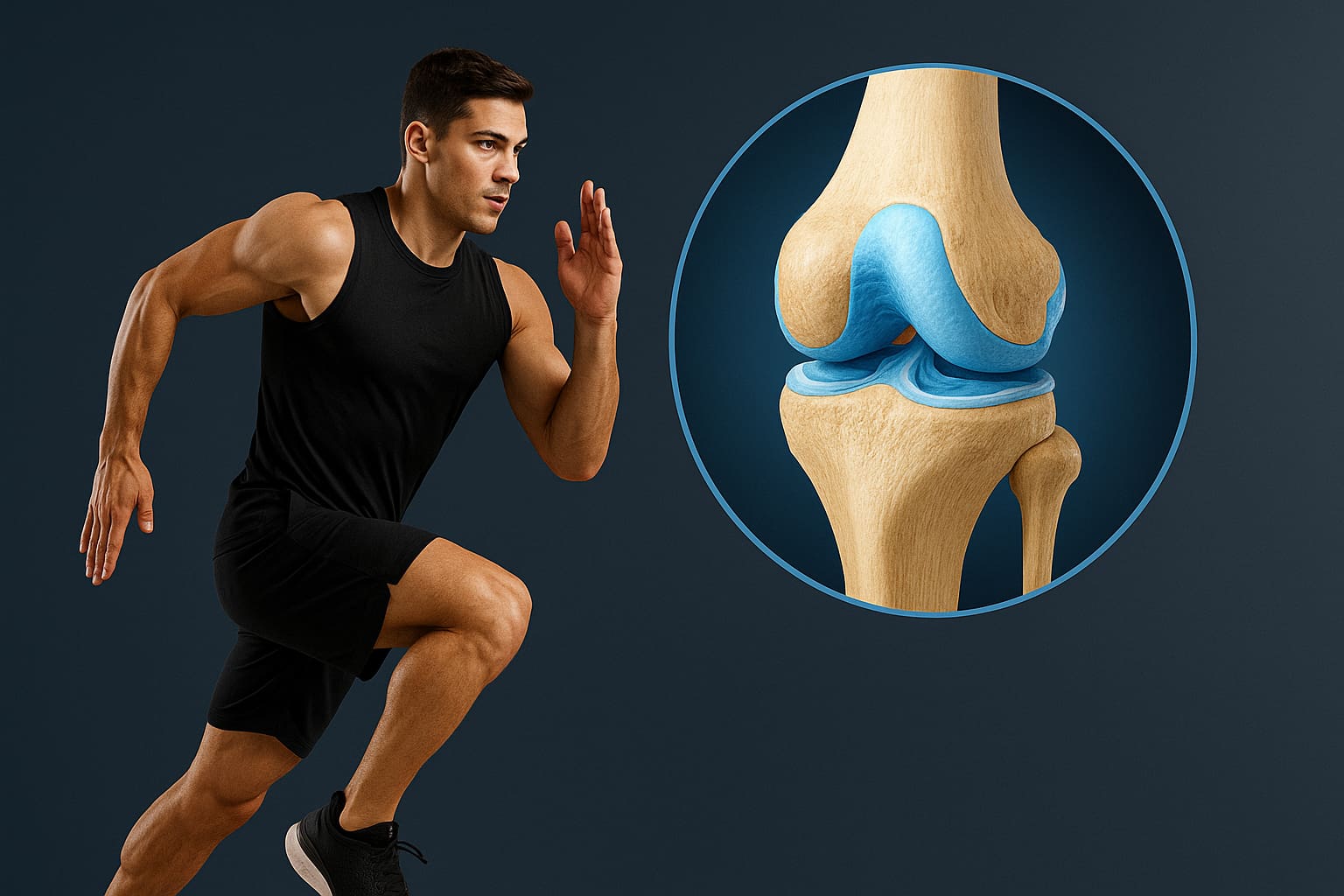 Атлет у русі поруч з 3D-ілюстрацією суглоба — символ підтримки суглобів і зв’язок желатином